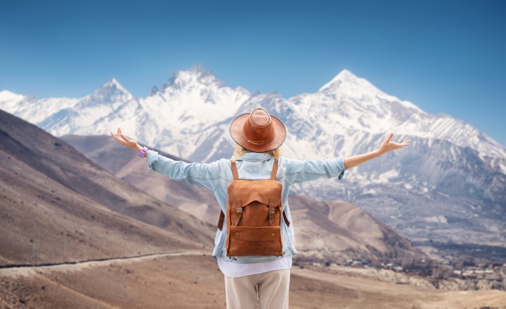 Travel and active life concept. Adventure and travel in the mountains region.